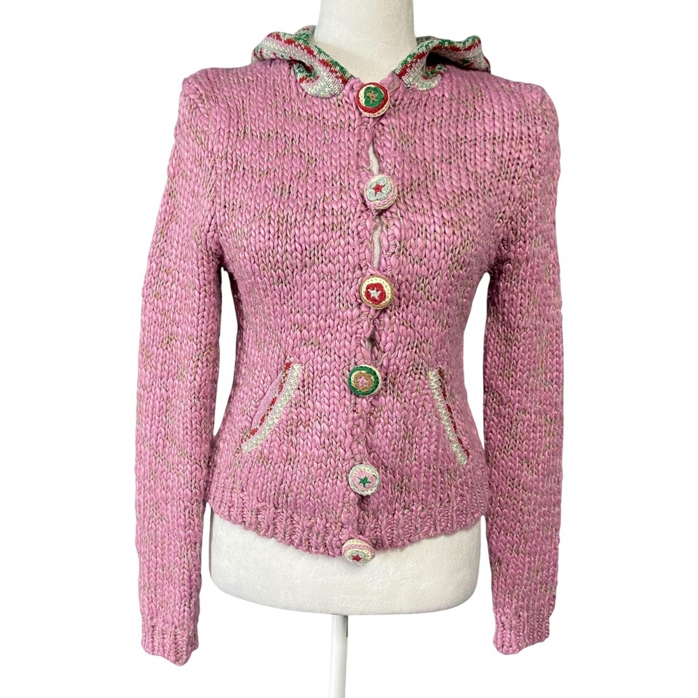 Wearing Your Heart On Your Sleeve Sweater Womens M Pink Hooded Fair Isle Holiday